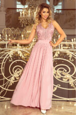 215-5 LEA długa suknia bez rękawków z haftowanym dekoltem - TAUPE
