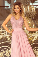 215-5 LEA długa suknia bez rękawków z haftowanym dekoltem - TAUPE - obrazek 4