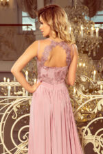 215-5 LEA długa suknia bez rękawków z haftowanym dekoltem - TAUPE - obrazek 5