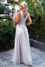 467-2 LOUISE długa suknia z dekoltem i rozcięciem na nogę - BEŻOWA z brokatem - obrazek 4