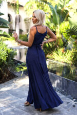 512-7 JULIET elegancka długa błyszcząca suknia z dekoltem i rozcięciem na nogę - GRANATOWA z brokatem - obrazek 4