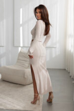 Beżowy komplet GAIA bluzka i spódnica z rozcięciem - obrazek 5