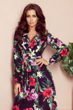 245-3 Sukienka MAXI z falbanką i dekoltem - CZERWONE KWIATY - obrazek 5