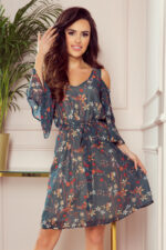 292-2 MARINA zwiewna sukienka z dekoltem - ZIELONA W KWIATY