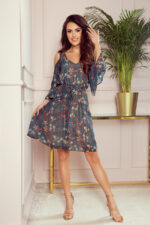 292-2 MARINA zwiewna sukienka z dekoltem - ZIELONA W KWIATY - obrazek 4