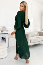414-1 KLARA plisowana sukienka z paskiem i dekoltem - ZIELEŃ BUTELKOWA - obrazek 3