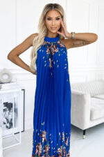 456-1 ESTER Plisowana satynowa sukienka maxi - CHABROWA W KWIATY - obrazek 3