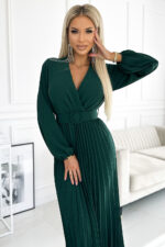 504-3 VIVIANA Plisowana sukienka midi z dekoltem, długim rękawkiem i szerokim paskiem - ZIELEŃ BUTELKOWA - obrazek 3
