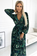 511-1 Plisowana szyfonowa długa sukienka z dekoltem, długim rękawkiem i paskiem - ZIELONE LIŚCE - obrazek 3