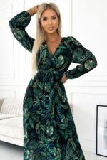 511-1 Plisowana szyfonowa długa sukienka z dekoltem, długim rękawkiem i paskiem - ZIELONE LIŚCE - obrazek 5
