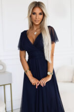 562-1 NASTIA Długa sukienka z dekoltem i krótkim rękawkiem - GRANATOWA - obrazek 3