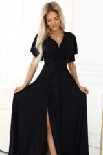 581-1 JENNIFER połyskująca długa suknia z rękawkiem i dekoltem - CZARNA Z BROKATEM - obrazek 5