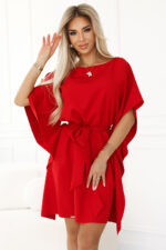 287-35 SOFIA Sukienka motyl z wiązaniem w pasie - CZERWONA - obrazek 5