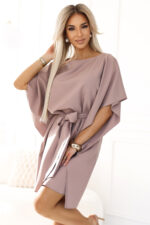 287-37 SOFIA Sukienka motyl z wiązaniem w pasie - MOCHA MOUSSE - obrazek 5