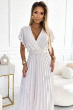 585-1 Plisowana letnia sukienka midi z dekoltem i szerokim paskiem - ECRU - obrazek 3