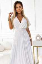 585-1 Plisowana letnia sukienka midi z dekoltem i szerokim paskiem - ECRU - obrazek 5