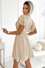586-1 Kobieca sukienka z kopertowym dekoltem, rękawkiem i paskiem - BEŻOWA - obrazek 3