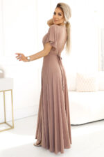 581-4 JENNIFER połyskująca długa suknia z rękawkiem i dekoltem - MOCHA MOUSSE Z BROKATEM - obrazek 4