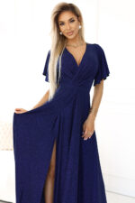 581-5 JENNIFER połyskująca długa suknia z rękawkiem i dekoltem - GRANATOWA Z BROKATEM - obrazek 5