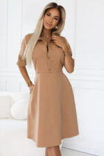 286-8 SANDY Koszulowa rozkloszowana sukienka z paskiem - MOCHA MOUSSE - obrazek 5