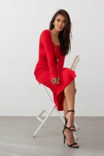 SUKIENKA MIDI CZERWONA DŁUGI RĘKAW W PRĄŻEK DEKOLT Z GUZIKAMI ELASTYCZNA L - obrazek 3