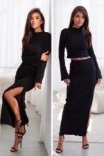 KOMPLET TOP I SPÓDNICA MIDI Z ROZCIĘCIEM NA NOGĘ ZESTAW BLUZKA CZARNY L - obrazek 7
