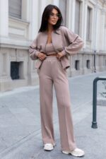 DRESY ZESTAW KOMPLET DRESOWY BOMBERKA BLUZA SZEROKIE SPODNIE BEŻ ECRU M/L - obrazek 5