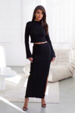 KOMPLET TOP I SPÓDNICA MIDI Z ROZCIĘCIEM NA NOGĘ ZESTAW BLUZKA CZARNY L - obrazek 5