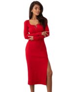 SUKIENKA MIDI CZERWONA DŁUGI RĘKAW W PRĄŻEK DEKOLT Z GUZIKAMI ELASTYCZNA L