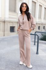 DRESY ZESTAW KOMPLET DRESOWY BOMBERKA BLUZA SZEROKIE SPODNIE BEŻ ECRU M/L - obrazek 7