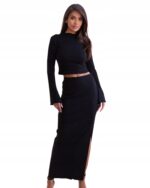 KOMPLET TOP I SPÓDNICA MIDI Z ROZCIĘCIEM NA NOGĘ ZESTAW BLUZKA CZARNY M